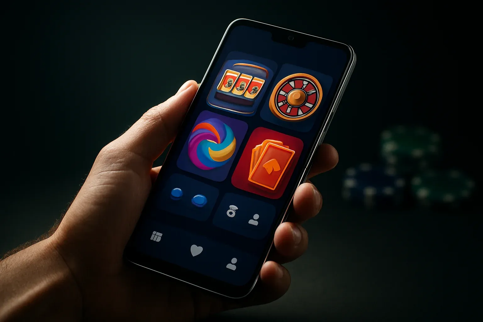 Flagship Android smartphone showing vivid casino app interface in dramatic lighting