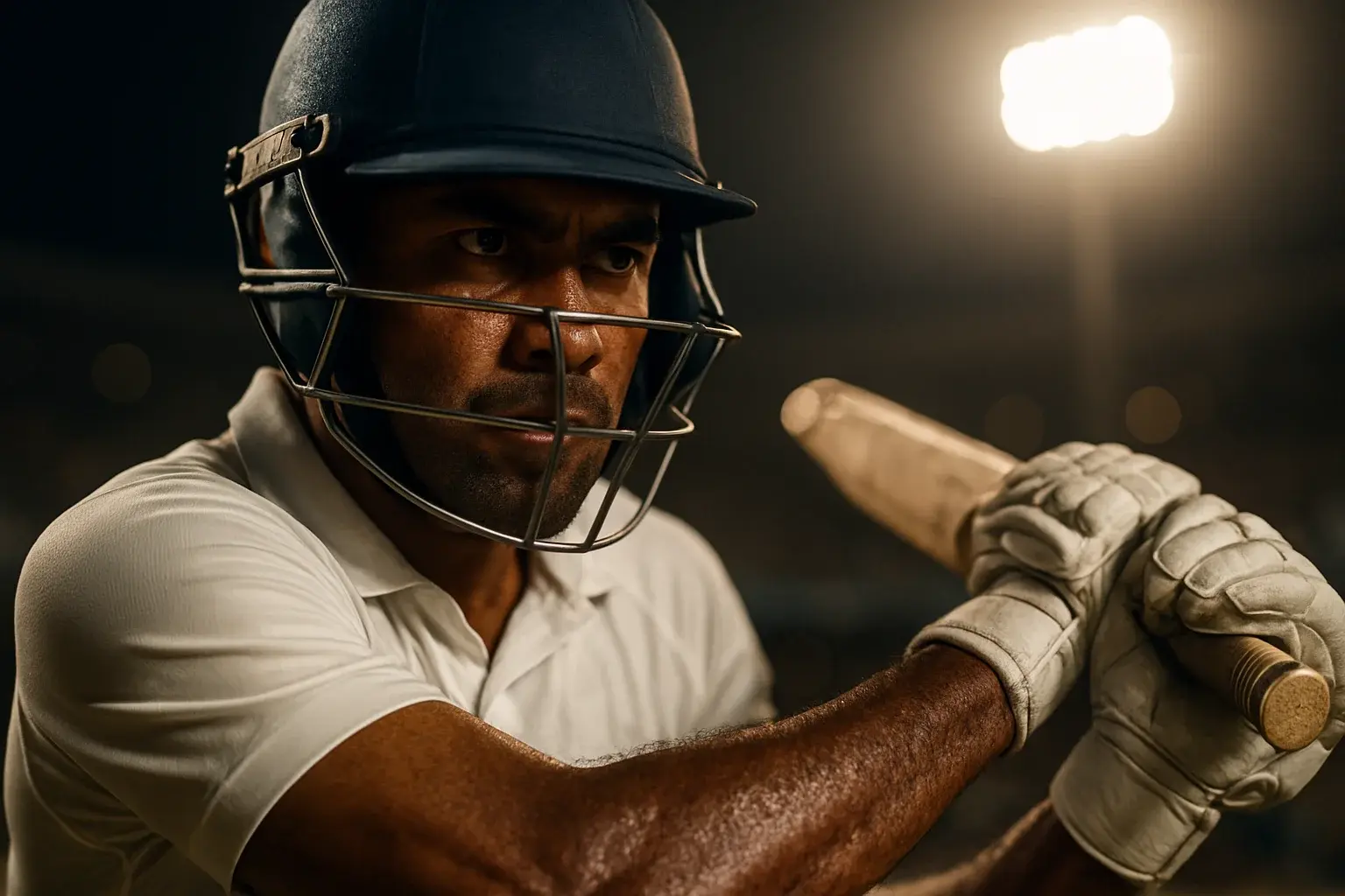 Bangladeshi male cricket batsman in white kit mid-swing under stadium lights