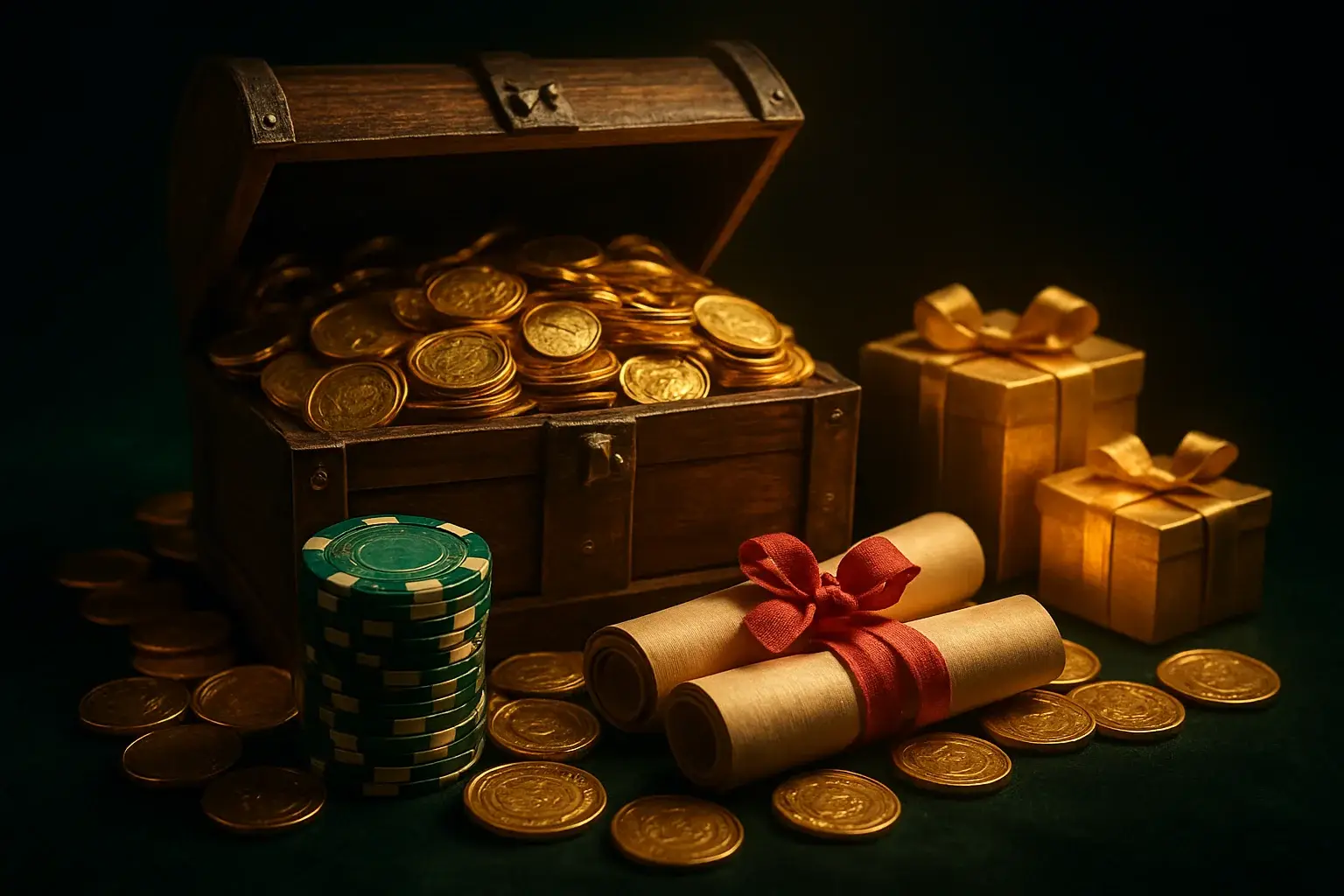 Overflowing treasure chest with coins, casino chips, vouchers, and gift boxes