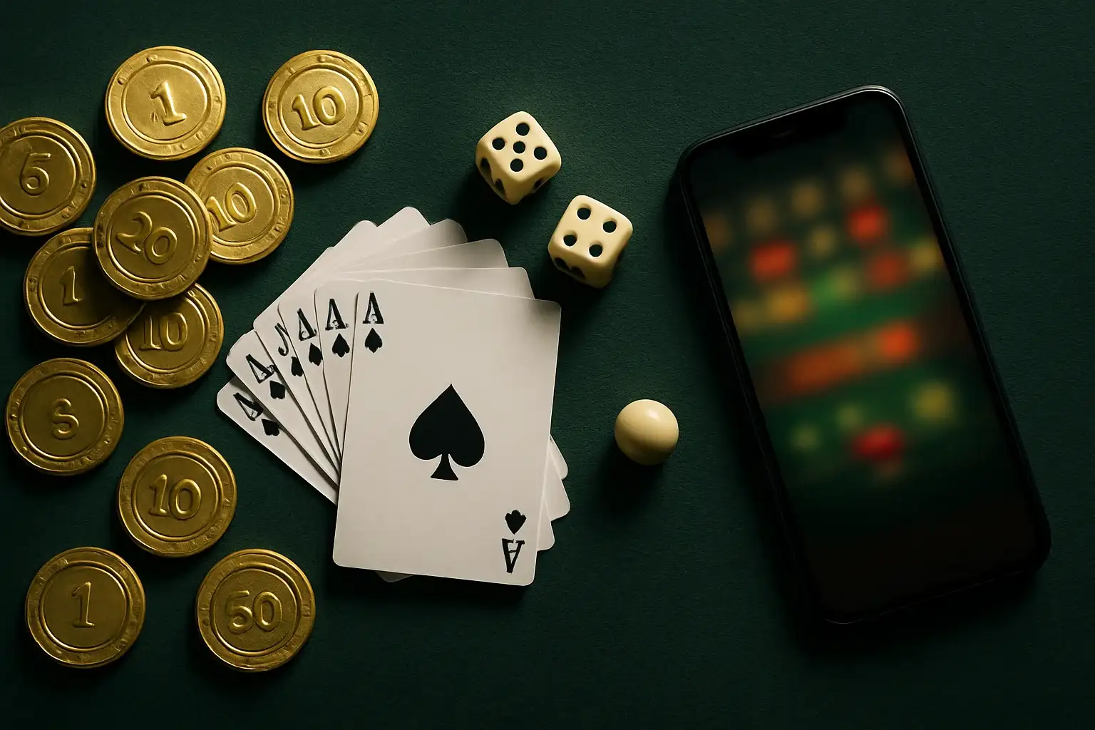 Top-down casino table with gold chips, cards, dice, roulette ball, smartphone