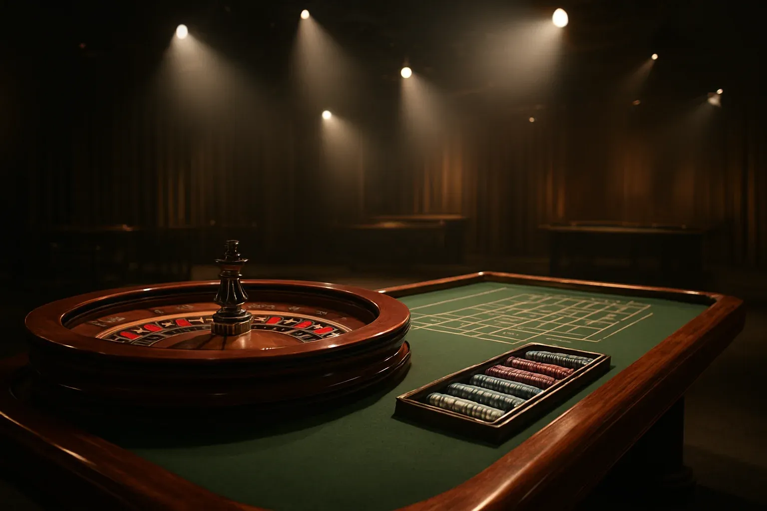 Premium live casino studio with empty roulette table and dramatic lighting