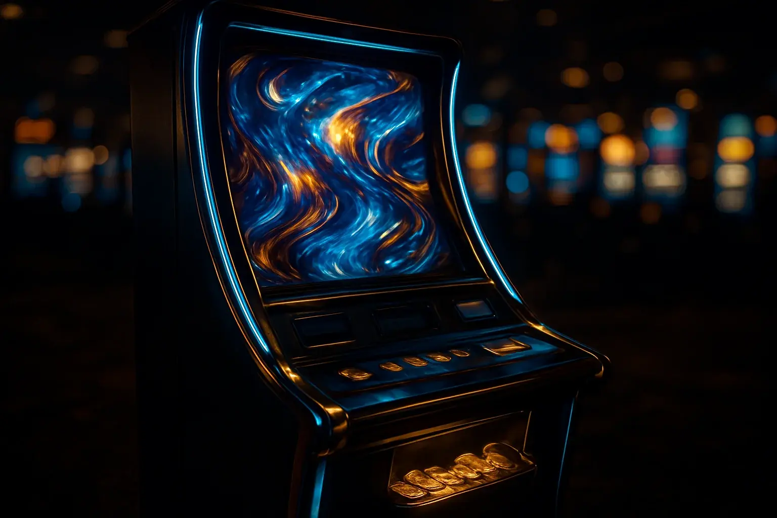 Hyperrealistic premium slot machine glowing in dark luxury casino floor